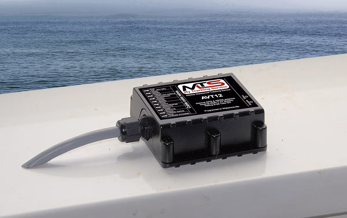 A weatherproof GPS tracer mounted on a yacht’s flybridge
